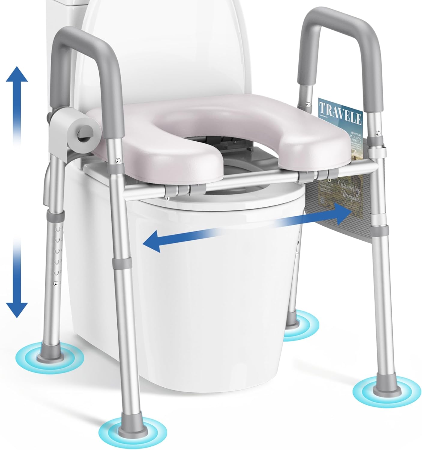 KEKOY Raised Toilet Seat with Handles for Seniors, Tool-Free Assembly Toilet Seat Riser, Adjustable Height & Width, FSA HSA Eligible 400lb Capacity Padded Elevated Toilet Seat, White Grey