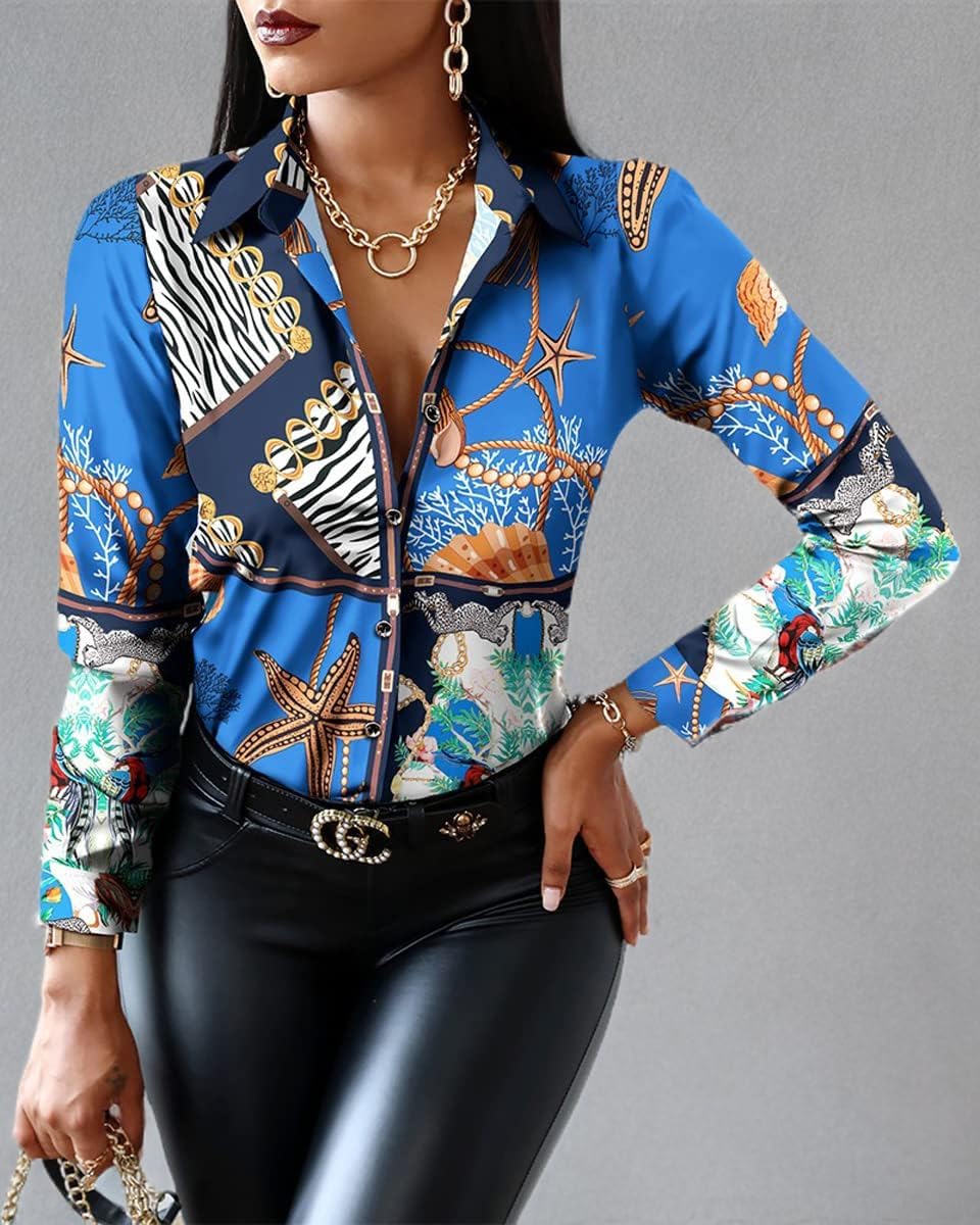 Blouses for Women Dressy Casual Colorful Long Sleeve Shirt Floral Print Tops Loose Collar Sexy T-Shirts Fashion 2023 - Image 2
