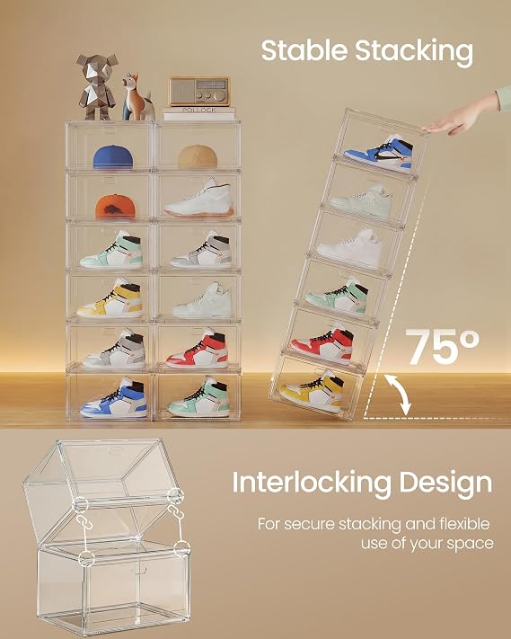 SONGMICS Clear Stackable Shoe Boxes, Fits Shoes up to UK Size 13, Set of 3