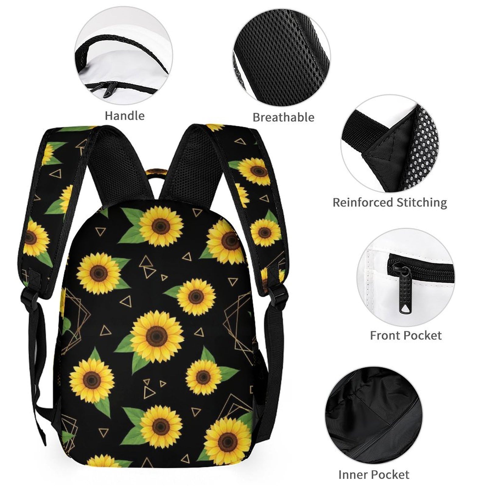 Sac à dos léger avec boîte à lunch, trousse de maquillage et rangement (motif tournesol (11))