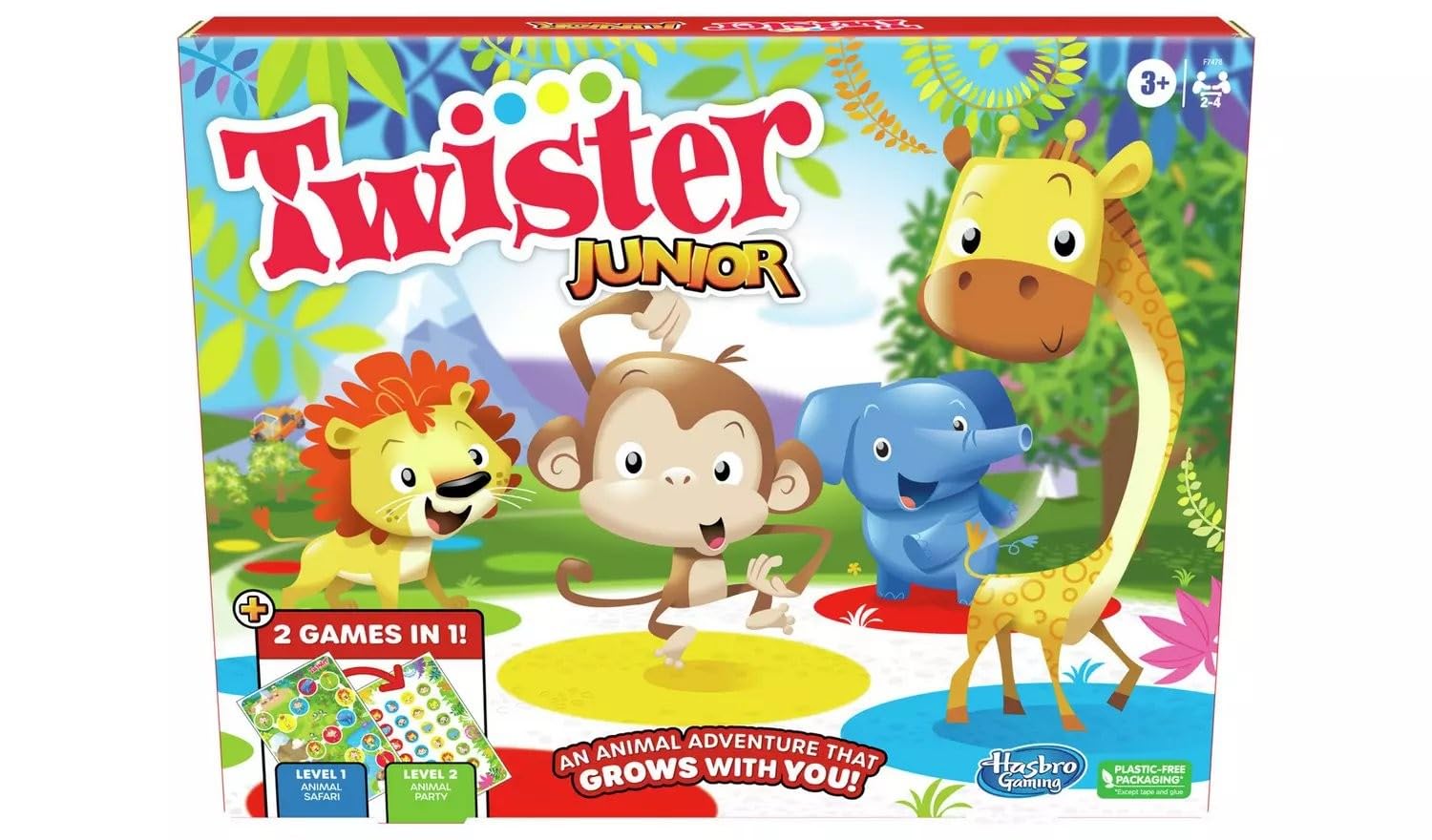 Two children playing Twister Junior with an adult supervising