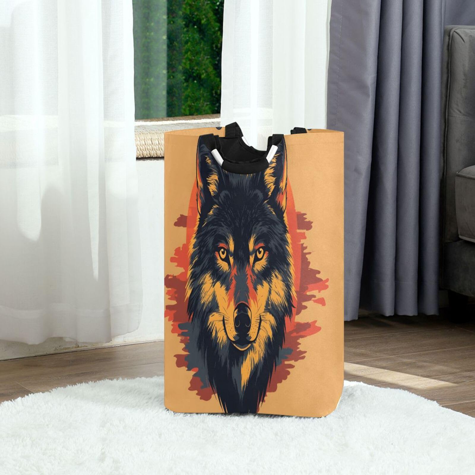 Jihqo Laundry Hamper Basket Sunset Wolf Collapsible Nursery Storage Bin Waterproof Clothing Baskets for Home Bedroom Bathroom Washing Room