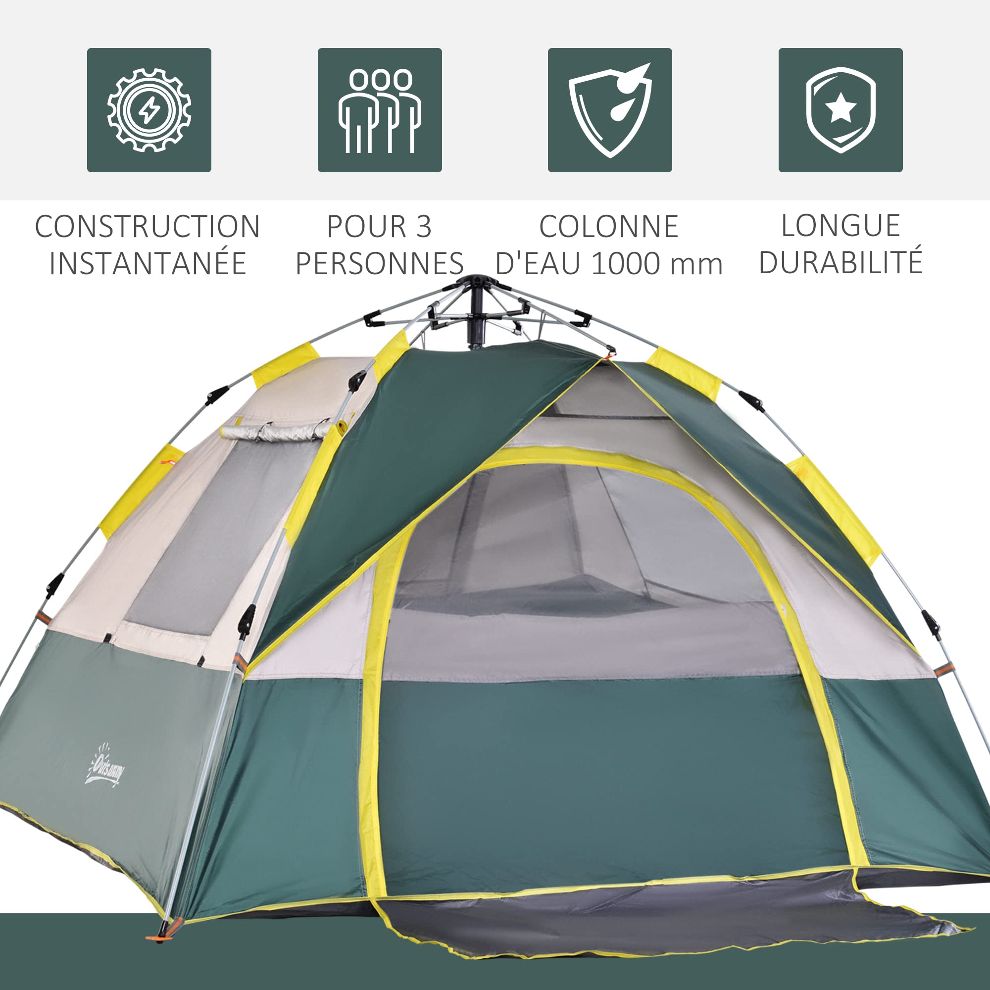 Outsunny Tente de Camping Pop up 3 Personnes avec 3 fenêtres et Porte, Sac de Transport Inclus, Fibre Verre Polyester PE, Gris Vert