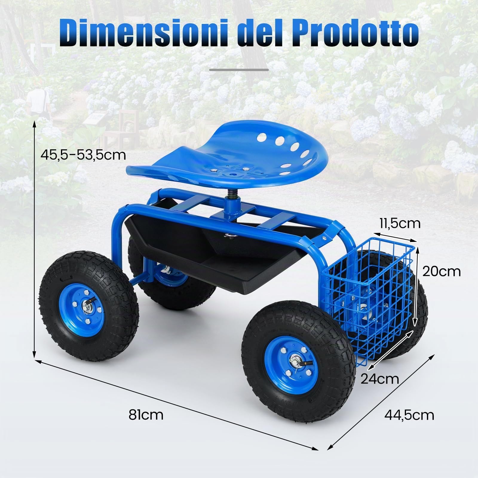 RELAX4LIFE Sgabello da Giardino per Esterno, Portata 130 kg, Sedia Carrello da Giardino con 4 Rotelline, Altezza Regolabile, Sgabello per Giardinaggio Potatura Orto (Blu)