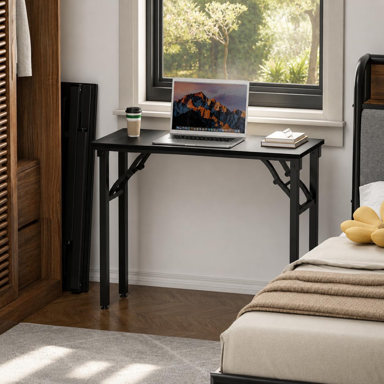 Folding Table Computer Desk - 35.8" No Assembly Folding Desk Design and Foldable Office Desk, Small Desk for Bedroom, Compact Storage Portable Use for Dorm and RV Small Space, Dark Oak