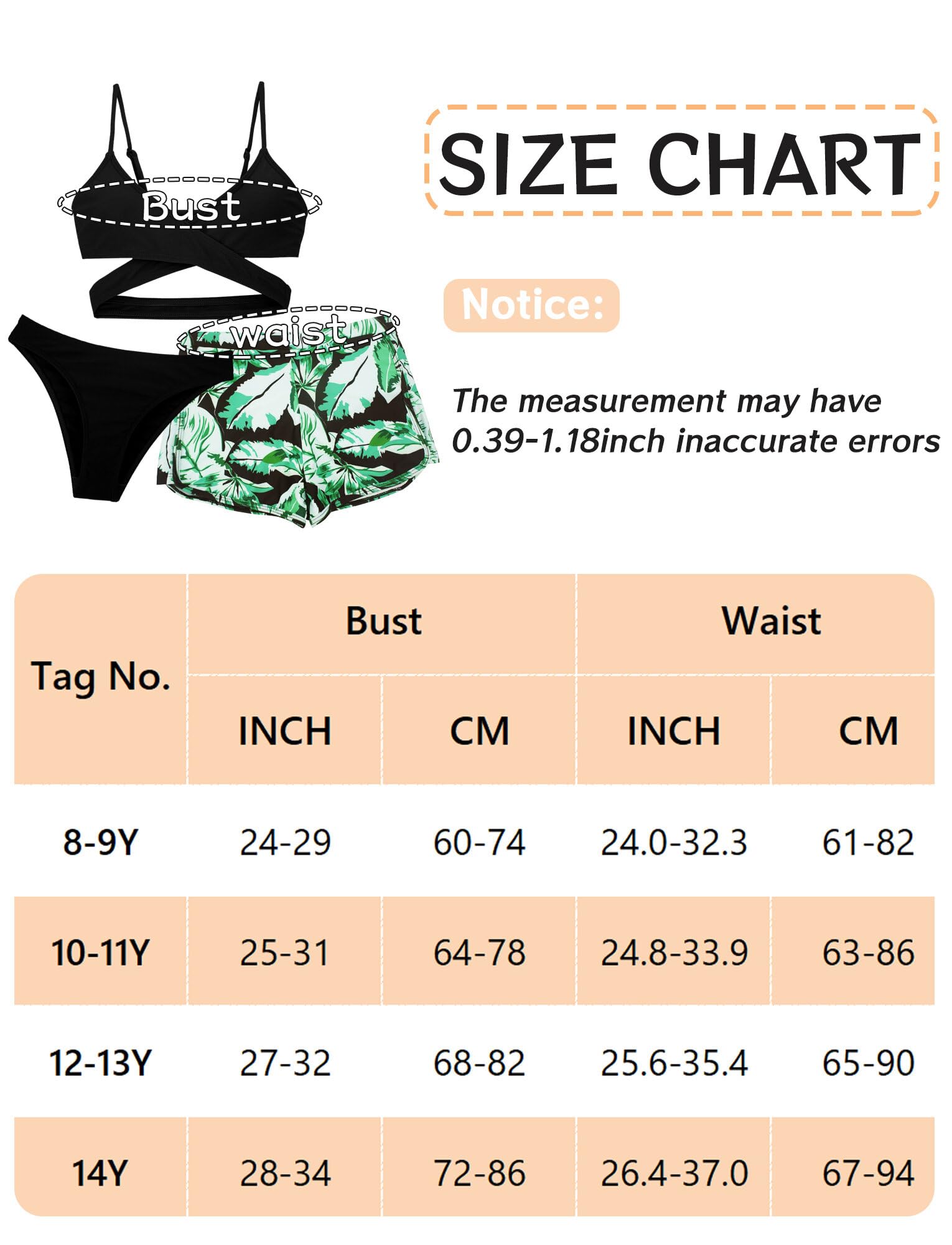 Happy Cherry Ensemble de Bikinis Enfants Fille Maillot de Bain Filles 3 Pièces Haut + Slip + Short de Bain Swimwear Set 8-14 Ans