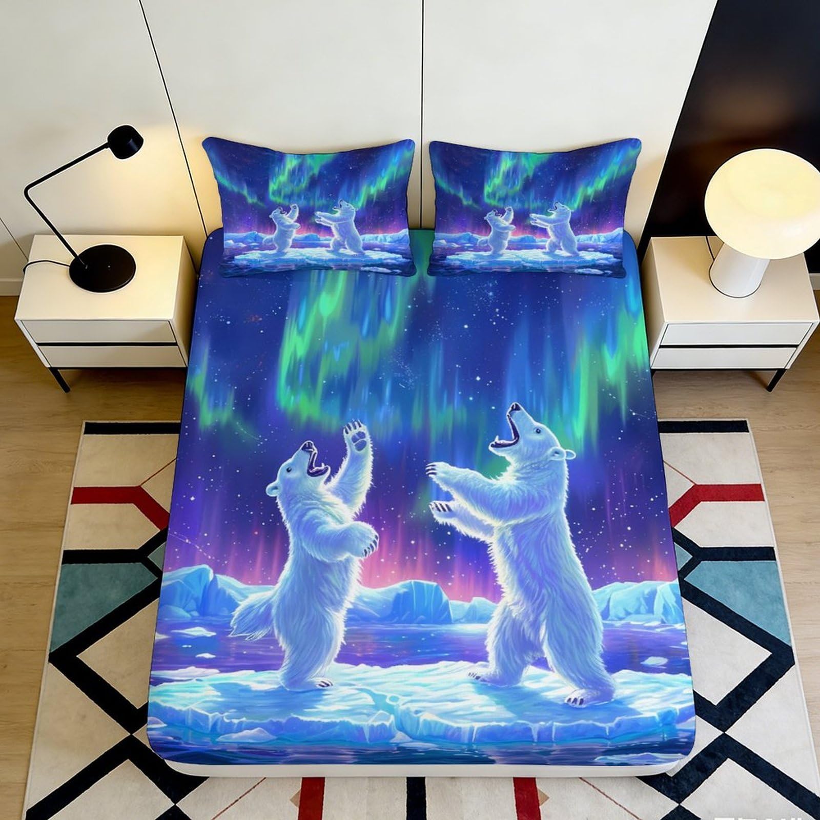 3D Printed Northern Lights Polar Bear Fitted Sheet Microfiber Soft Breathable Aurora Mattress Cover for Bedroom Dormitory Guest Room Decor 160x200x25cm
