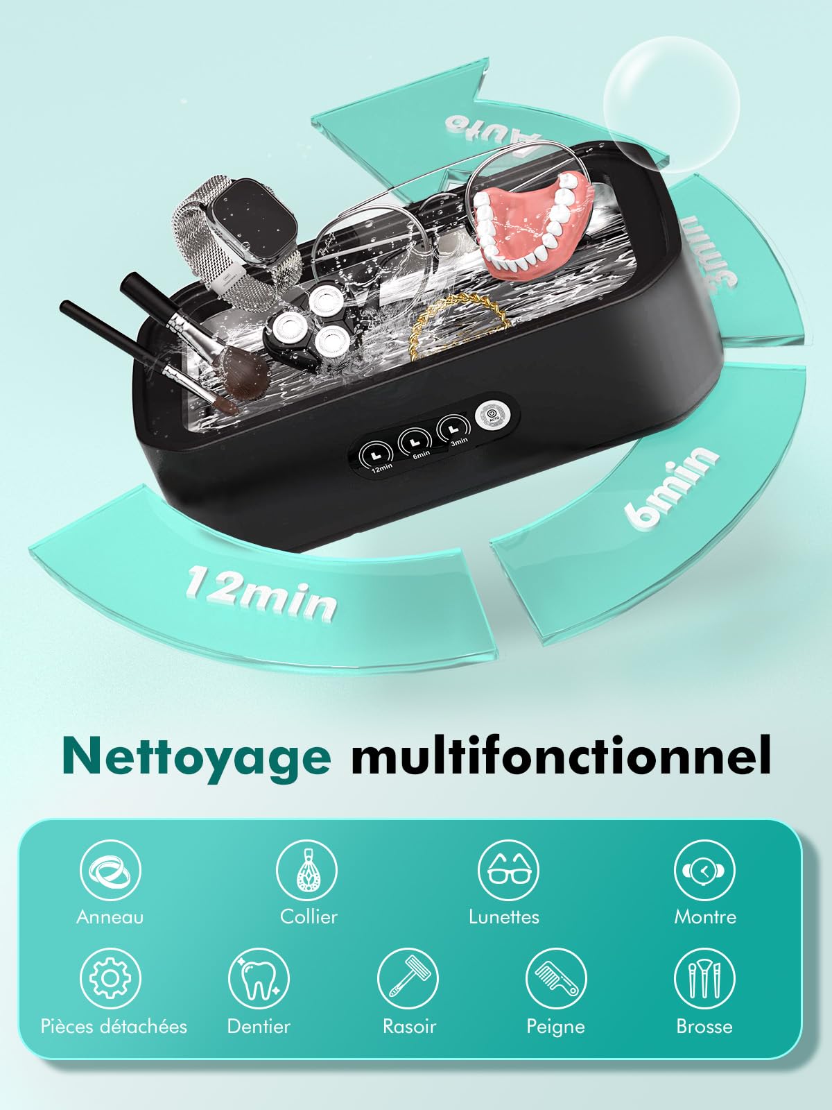 Nettoyeur Ultrasonique 48kHz 650ml - Nettoyage Profond 360° à Toucher Unique, Spécialisé pour Lunettes, Bijoux et Prothèses Dentaires