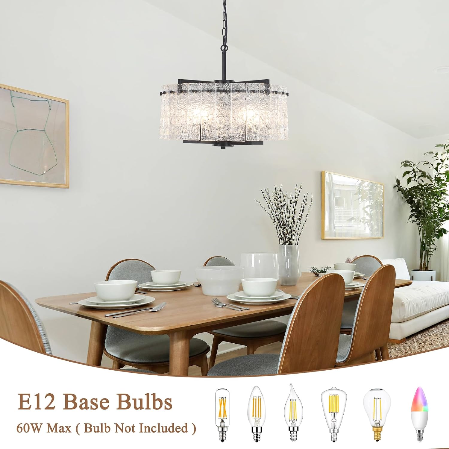 Glass Drum Chandelier for Dining Room, 18.7'' Modern Farmhouse Hallway Entryway Light Fixtures, 5-Light Hanging Round Black Crystal Chandelier for Living Room Foyer Kitchen Island