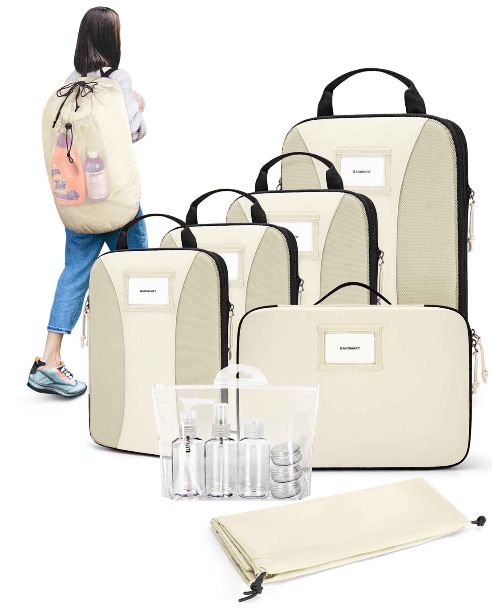 BAGSMARTBAGSMART Compression Packing Cubes, 8 PCS Packing Cubes for Suitcases, Travel Bags Organizer for Luggage, Lightweight Packing Cubes for Travel Essentials, with Laundry Bag, Beige