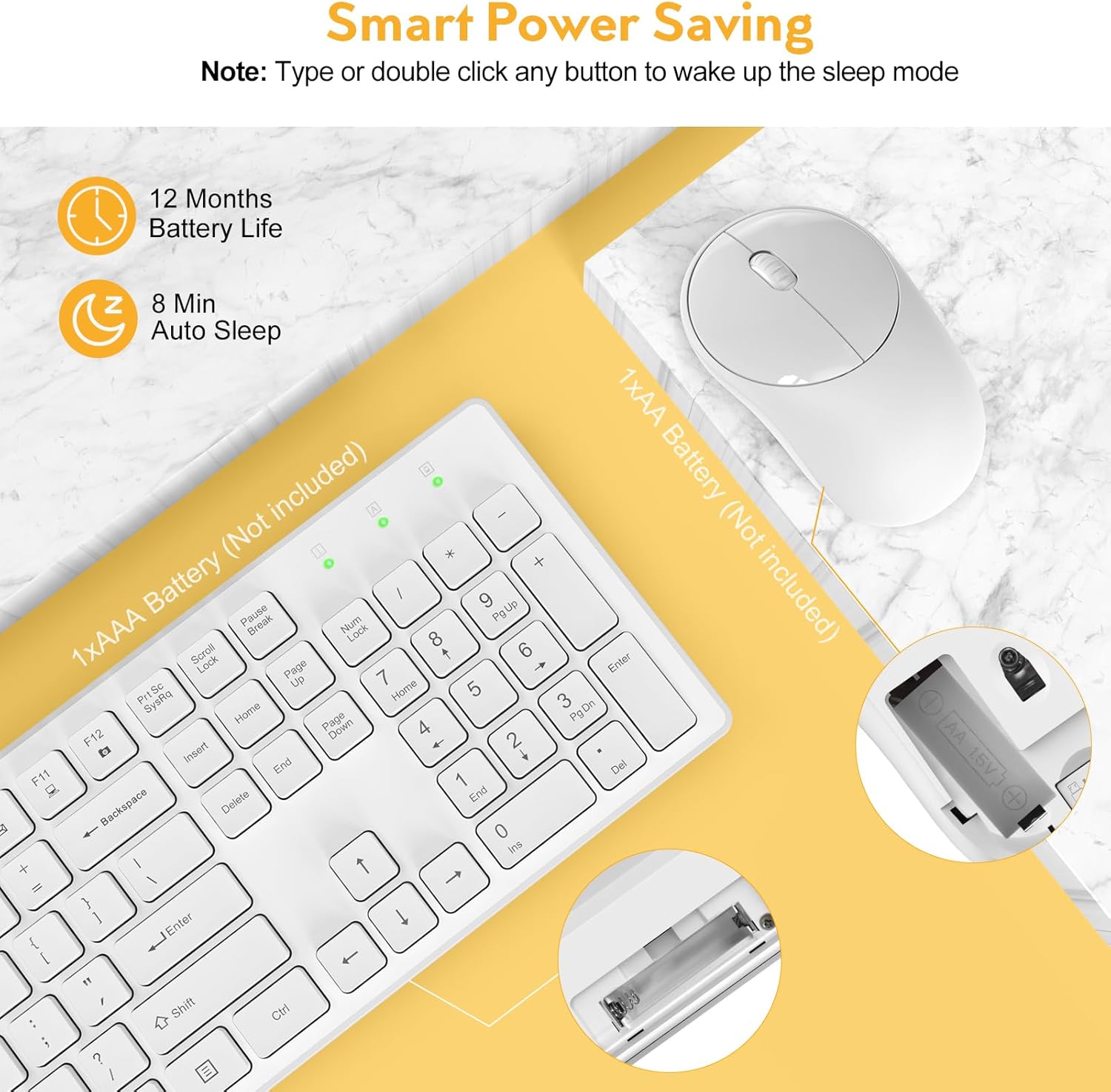 Image showing the battery compartments of the Trueque wireless keyboard and mouse, with batteries being inserted.