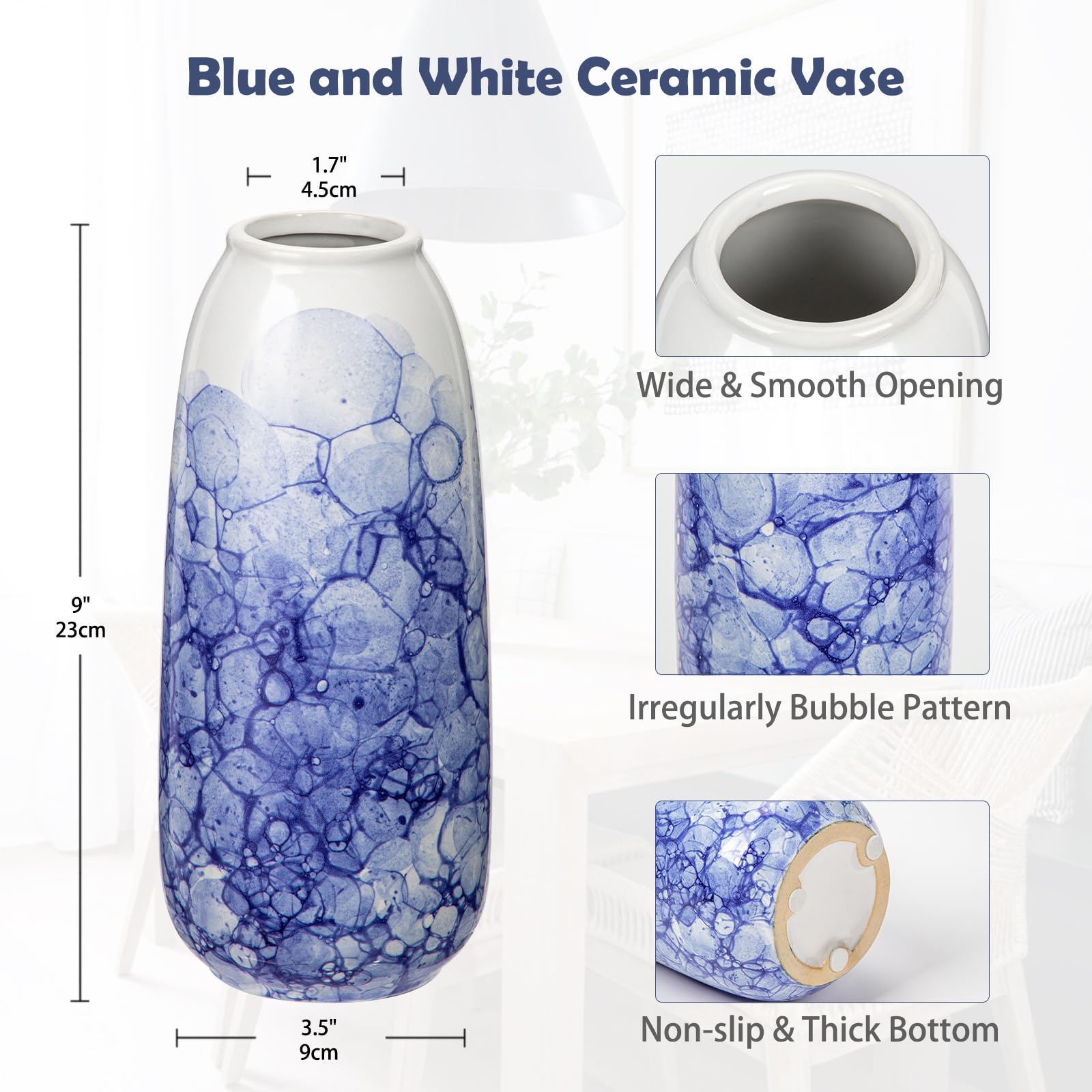 Hollyone 23CM Blue and White Ceramic Vase for Flowers Chinoiserie Porcelain Flower Vase for Home Decor Handmade Pottery for Living Room Shelf Dining Table Centerpiece Aesthetic Decorations - Image 2