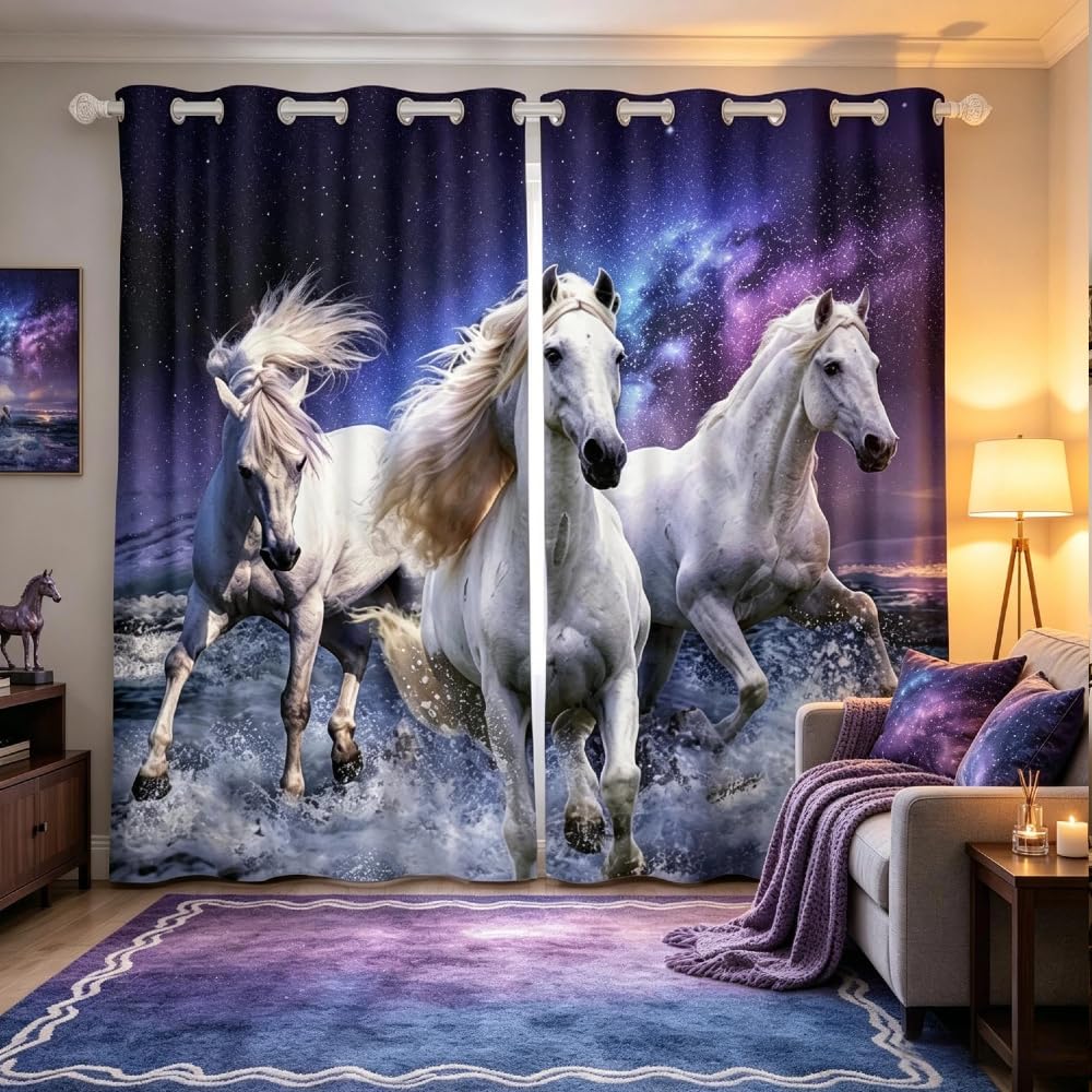 Loussiesd White Horse Print Window Treatments Galloping Horse Curtain Blue Galaxy Window Drapes for Boys Girls Kids Room Decor Lightweight Wild Animal Themed Window Curtain W66*L72 — image 1