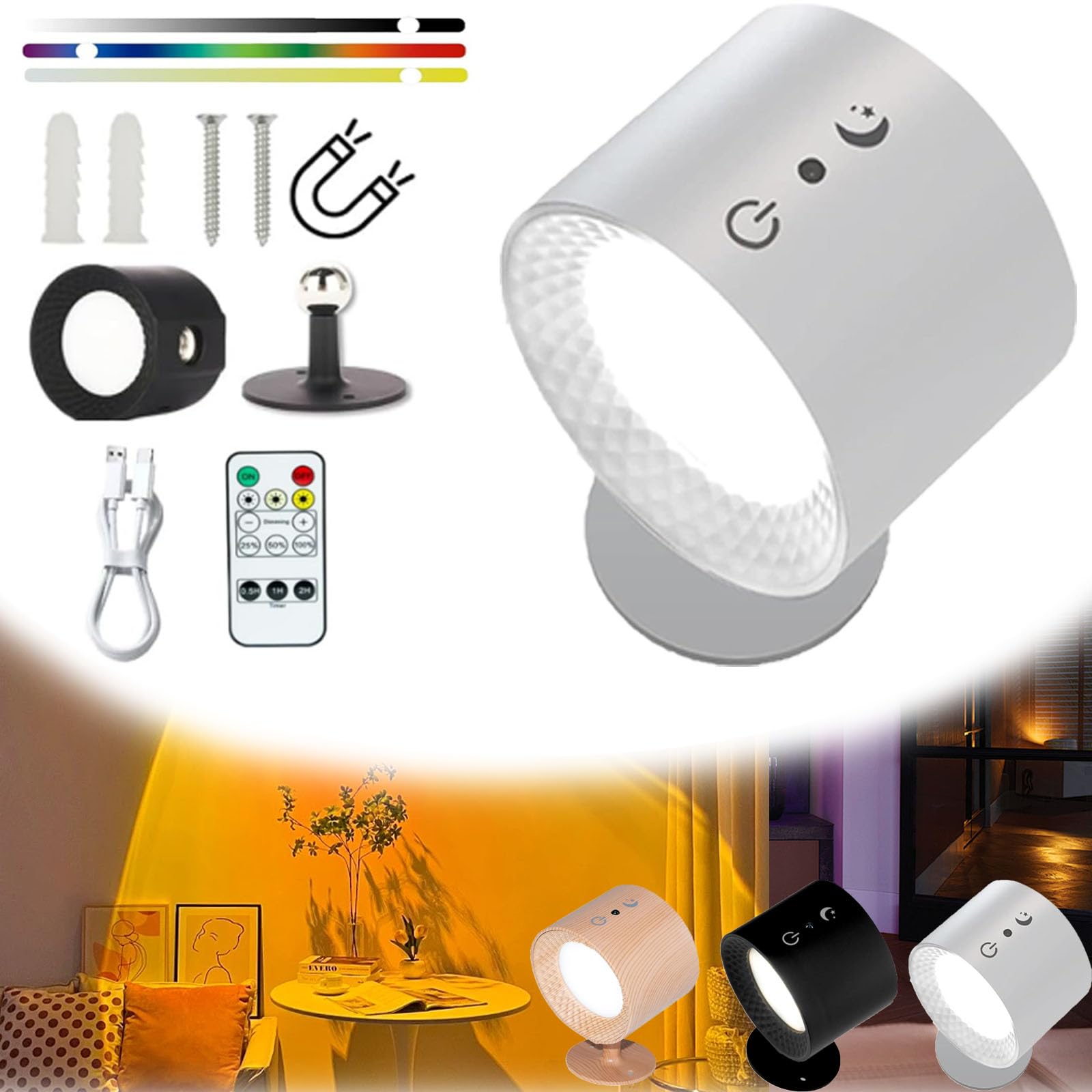 Yagerod White Glowright Smart Halo Lux Wall Lights - 360° Rotation Lamp, Magnetic,