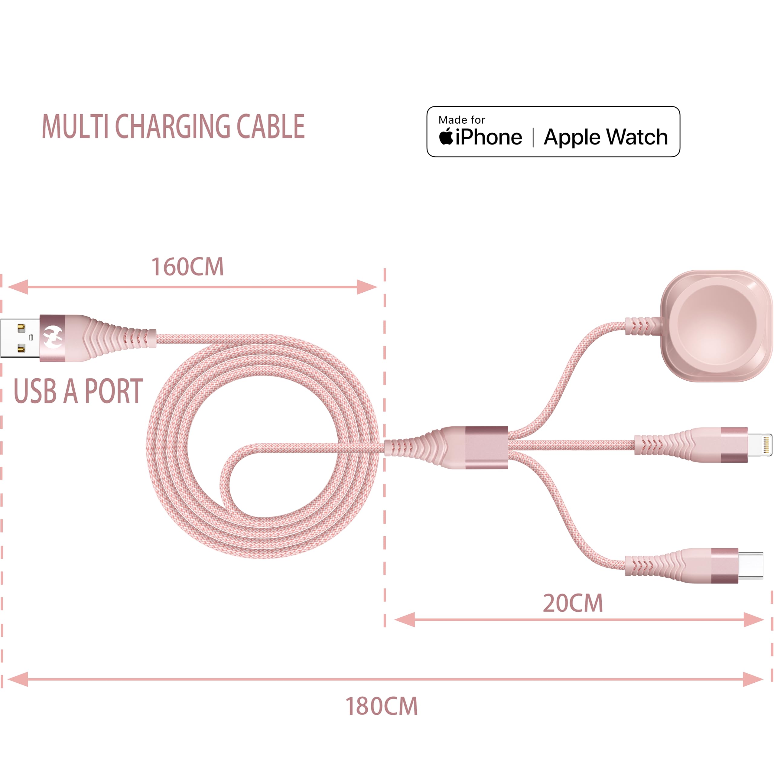 Cavo di ricarica multiplo per Apple Watch, 1,8 m, in nylon intrecciato, porta USB AM a Lightning tipo C, cavo USB C per iWatch, caricabatterie magnetico wireless 3 in 1, cavo di ricarica per Apple