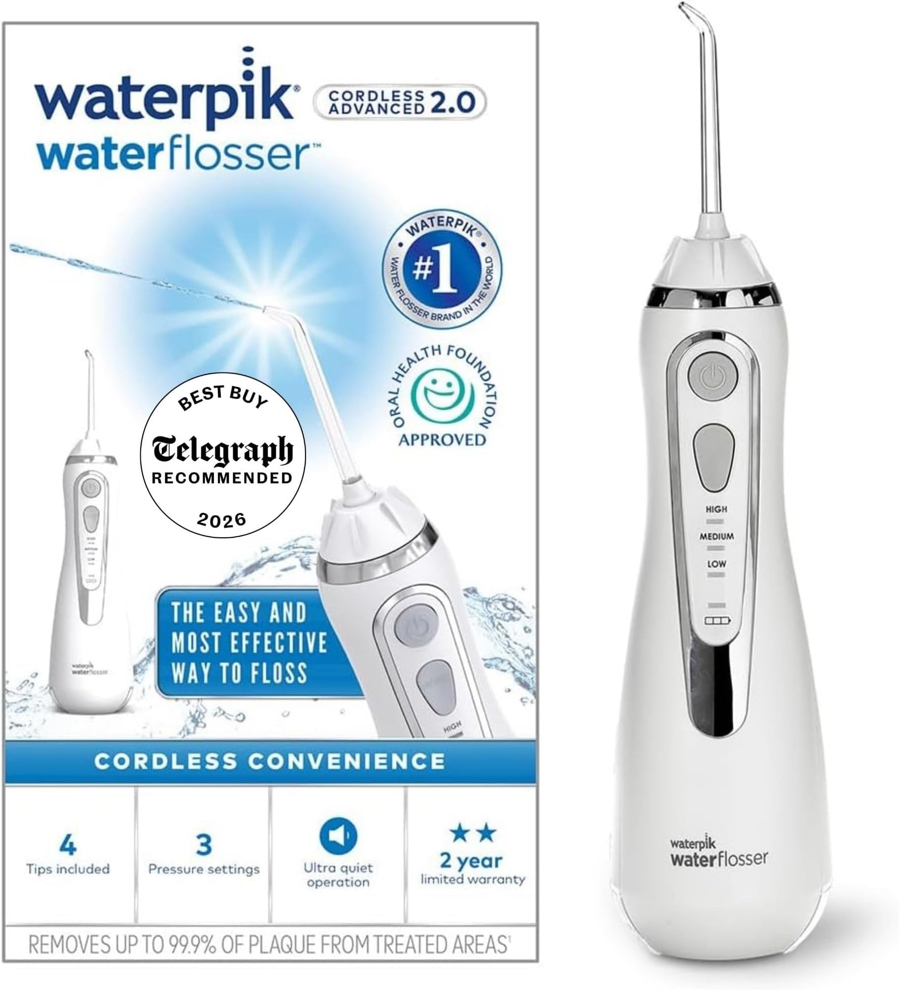 Cordless Advanced Water Flosser, 3 Pressure Settings, Dental Plaque Removal Tool, Ideal for Travel or Small Bathrooms, USB Charger, White, WP-580UK