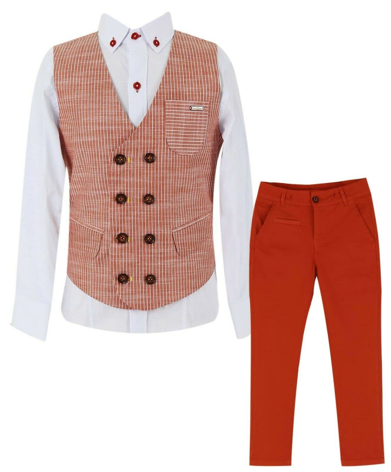 SIRRI Completo da ragazzo con gilet monopetto in cotone e lino, completo smart casual da 3 pezzi