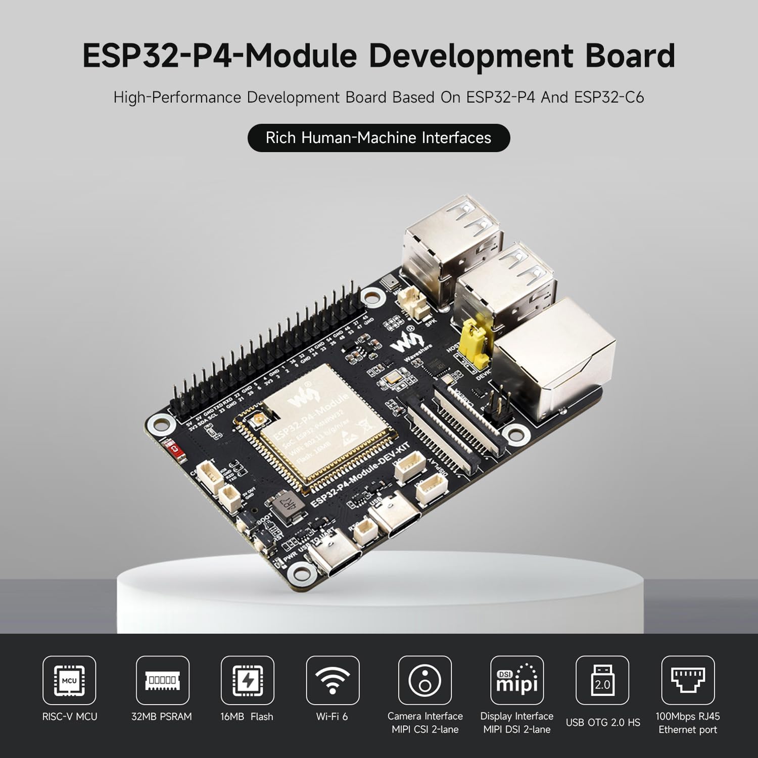 Waveshare ESP32-P4-Module-DEV-KIT-A, ESP32-P4-Module High-Performance Development Board, Based On ESP32-P4 & ESP32-C6, Supports Wi-Fi 6 & BT 5/BLE, with Speaker & RPi Camera (B)