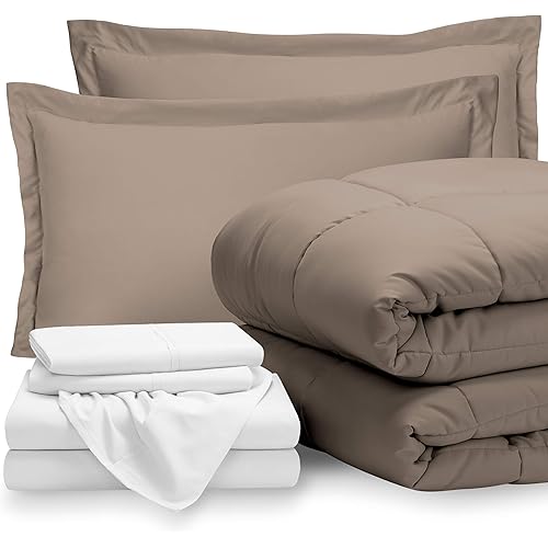 Bare Home Bedding Set 8 Piece Comforter & Sheet Set - Split King - Goose Down Alternative - Ultra-Soft 1800 Premium Bed Set (Split King, Taupe/White)