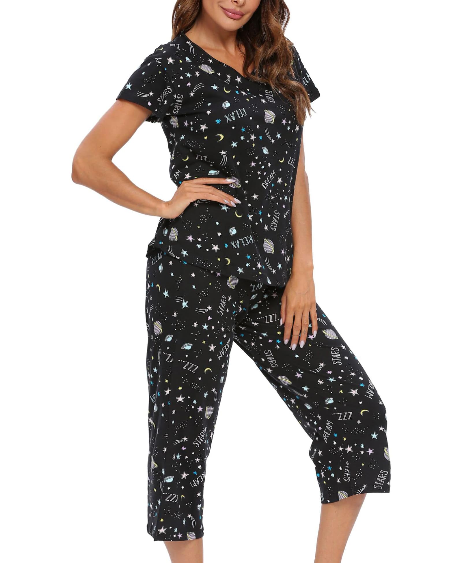 MIA LUCCE Pigiama da donna a maniche corte e pantaloni lunghi a 3/4, set pigiama
