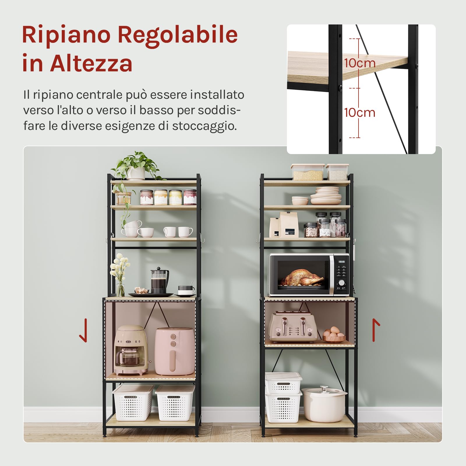 WOLTU Scaffale da Cucina con 6 Ripiani, Scaffale per Microonde con 6 Ganci, Struttura in Metallo, Legno Ingegnerizzato, 60x40x167cm, Rovere Chiaro+Nero
