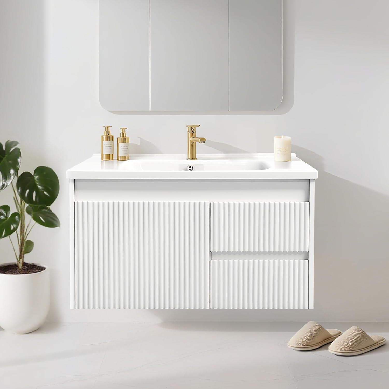 Floating Bathroom Vanity with Sink, 32" Wall Mounted Bathroom Storage Cabinet with 2 Drawers, New Wave-Carved Design Door, Soft-Close System Modern Cabinet with Ceramic Sink