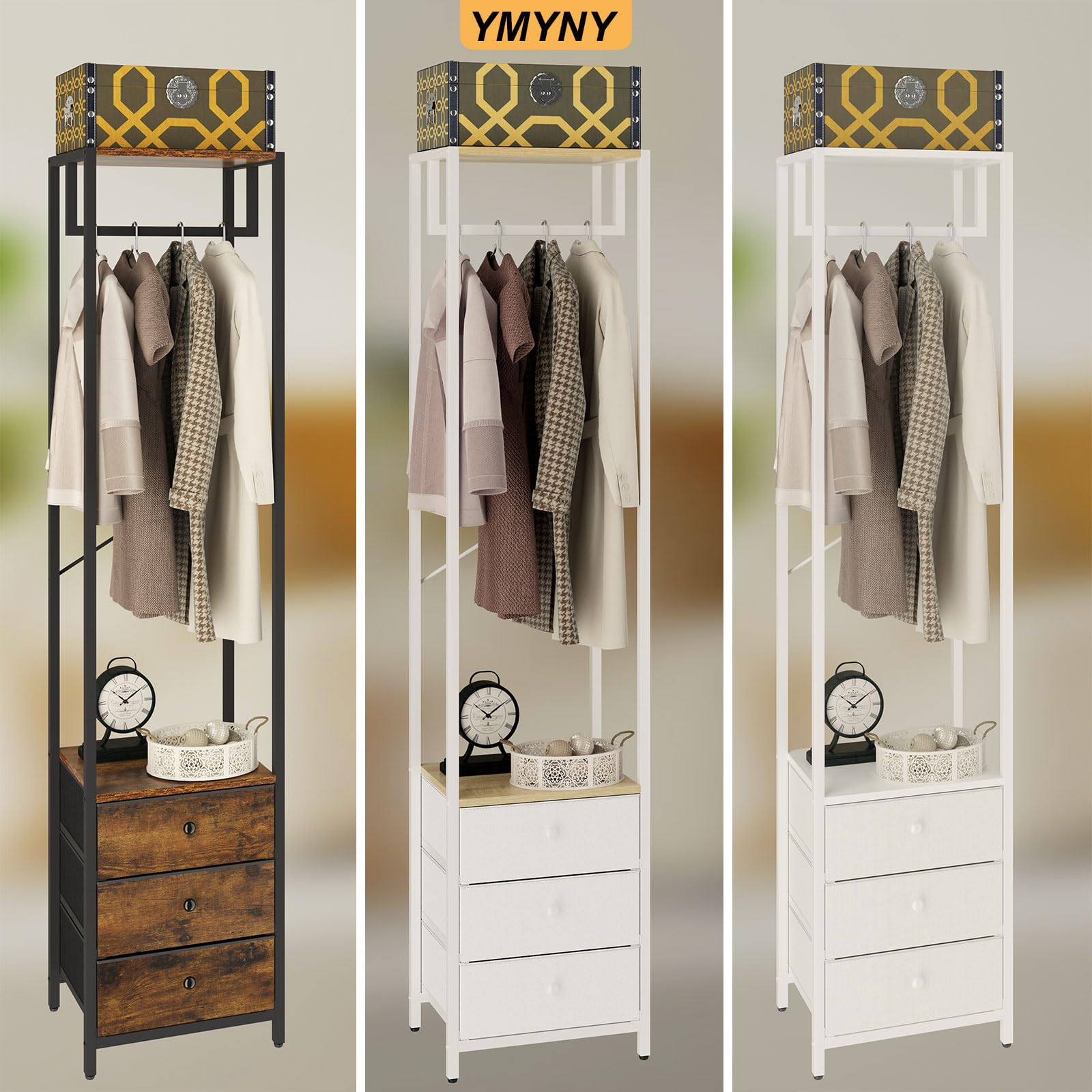 YMYNY Wieszak na ubrania z szufladą z włókniny, wolnostojący wysoki organizer do szafy, komoda stojąca na wysokie ubrania do sypialni, salonu, przedpokoju, 39 × 29 × 179 cm kolor drewna i biały