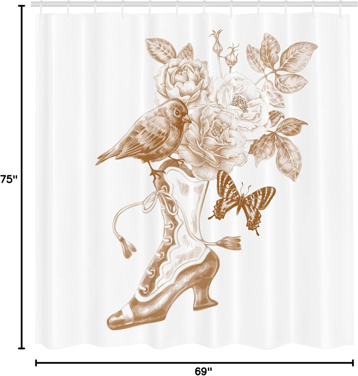 Ambesonne Victorian Shower Curtain, Nostalgic Boots Roses Butterfly and Bird British Trend Upper Shoe Art, Cloth Fabric Bathroom Decor Set with Hooks, 69" W x 75" L, White Brown