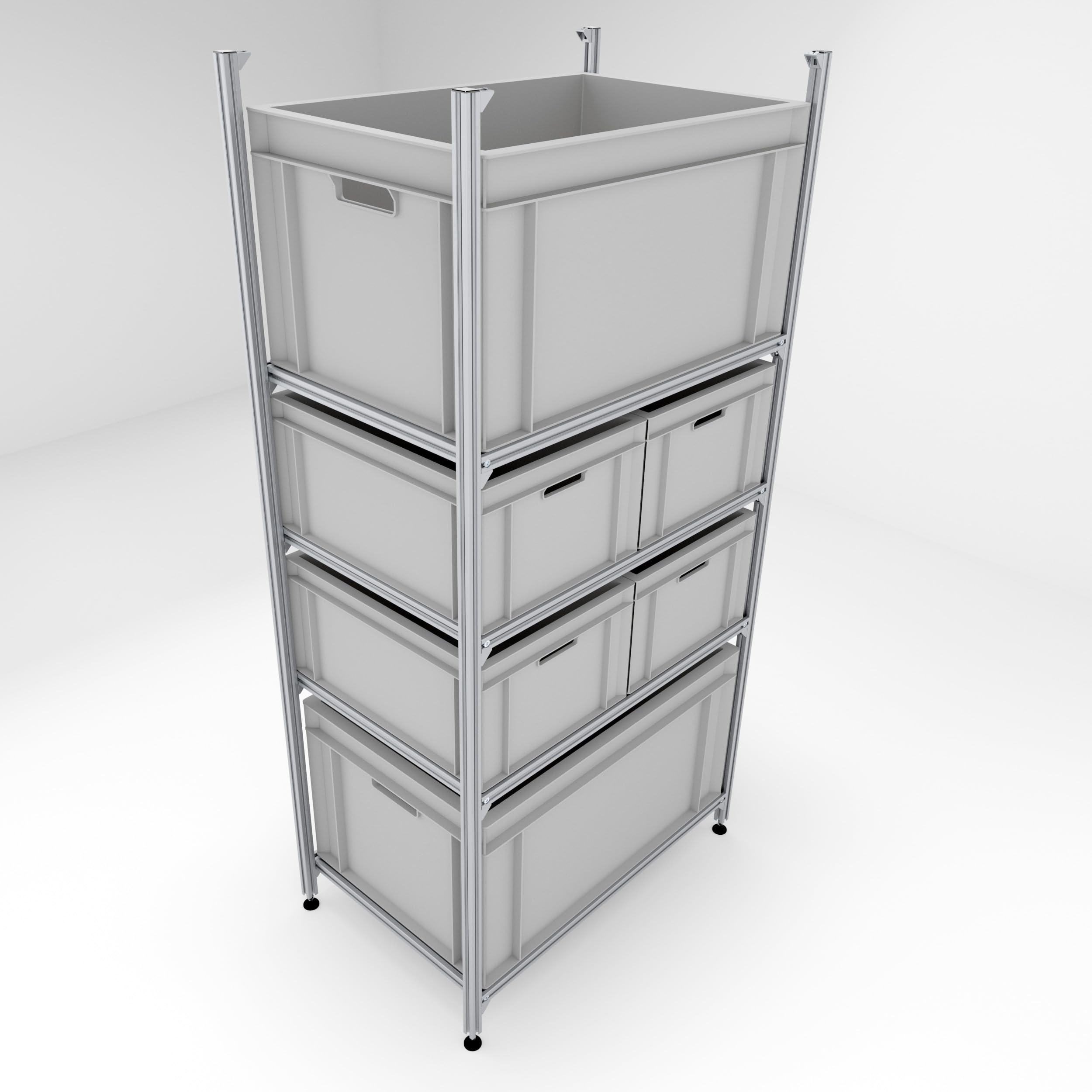 Regalsystem 60x40cm für Wohnmobile, Heckregal für die Heckgarage, Regal für Camper, alle Euroboxen (4 Etagen - Herausnahme der Boxen nach vorne)