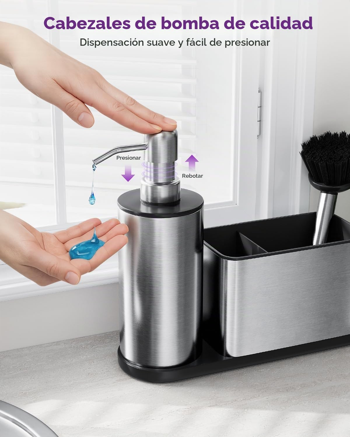 ODesign Set de dispensador de jabón de Cocina 3 en 1, dispensador para Platos de Acero Inoxidable con Soporte para Esponja, Cepillo y Soporte, Organizador para Fregadero, antióxido y Antideslizante