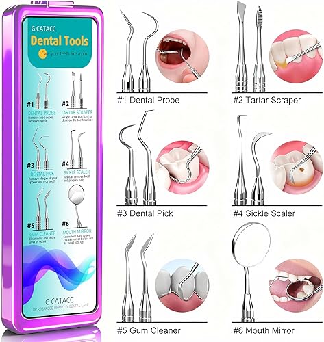 Miniatura 6 de Dental Tools, Dental Pick for Teeth Cleaning, Stainless Steel Hygiene Kit with Tooth Scraper Plaque Tartar Remover - with Case