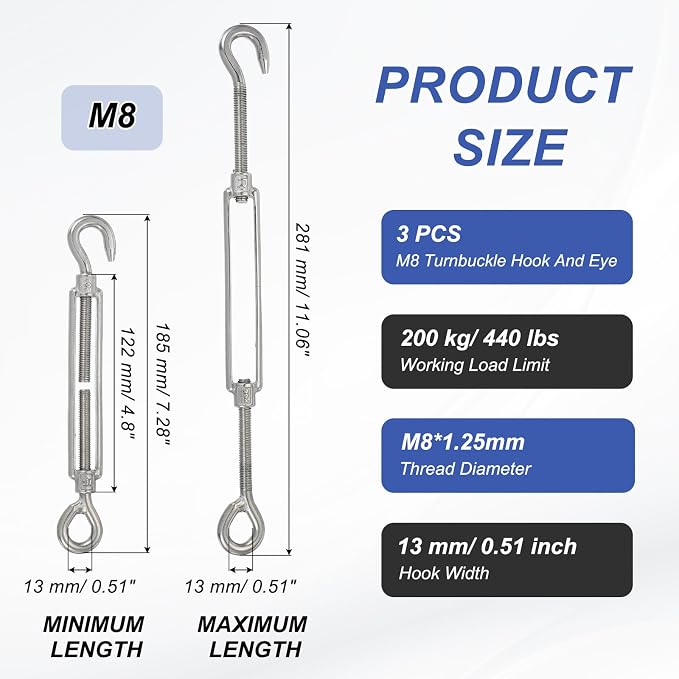 Tensor de cable M8 con gancho y ojal PATIKIL, 3 piezas, acero inoxidable 304, ajustable para cables de alambre, kit para tensión de barandillas miniatura 2