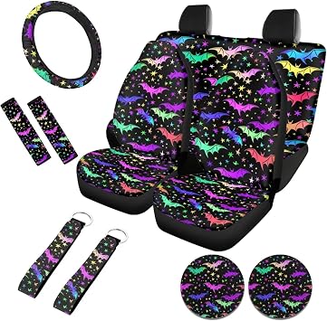 Bat Car Seat Covers Full Set Galaxy Steering Wheel Cover Seatbelt Covers Front Seat Rear Backrest Cover Keychain Wrist Strap Coasters