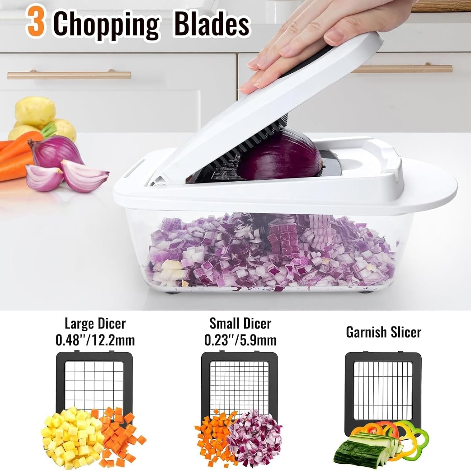 15-in-1 Vegetable Chopper with 8 Blades & Container, Food Cutter for Onion, Potato, Carrot, Garlic, Salad Prep