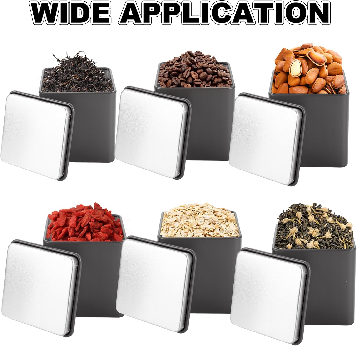 WOPPLXY 12 Pack Square Black Metal Tins, Small Tea Tin Canisters, 8 Oz Loose Leaf Tea Storage Containers with Airtight Lids, Square Tea Containers for Loose Teas, Herbs, Coffee, Cube Sugar