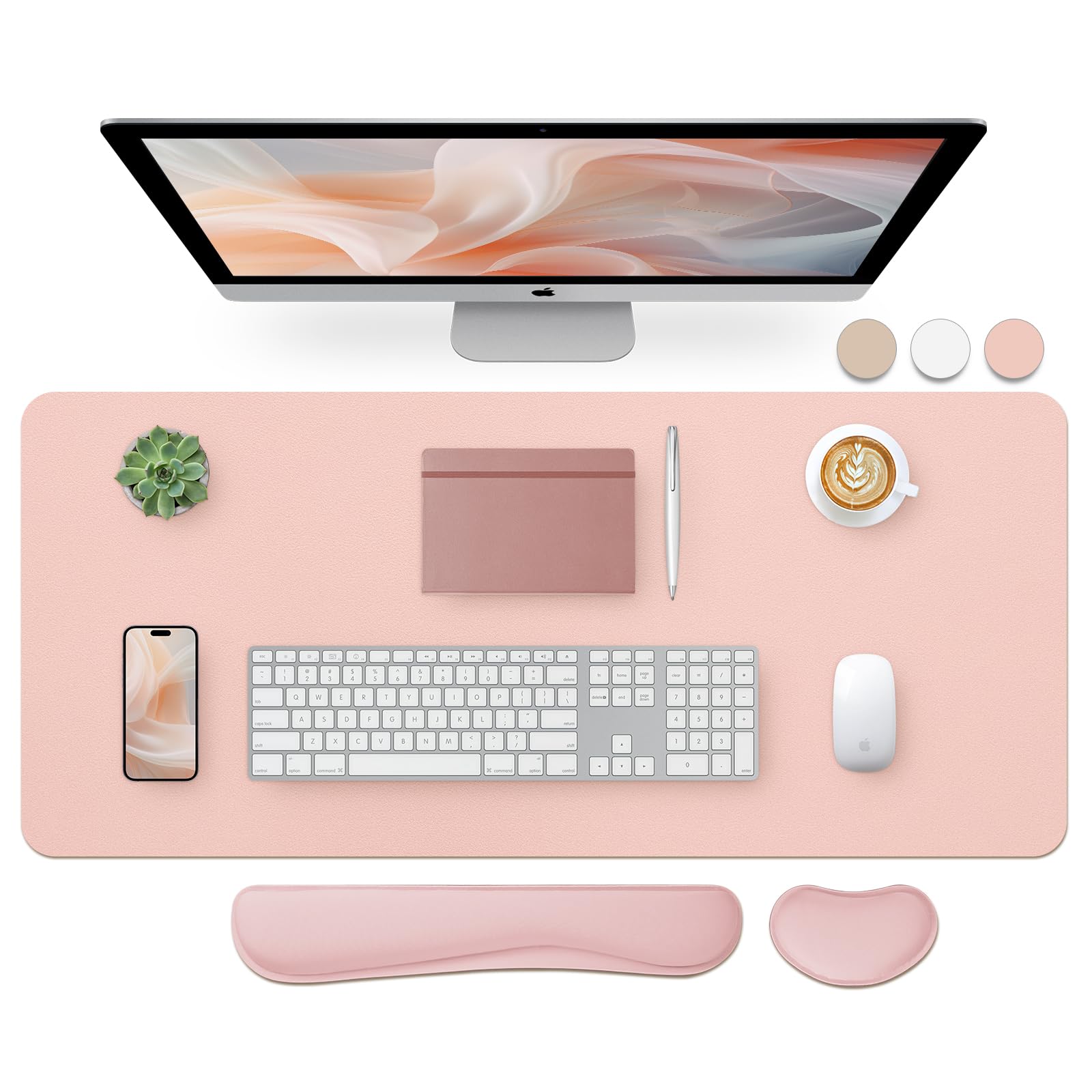Bloss Large Desk Pad and Keyboard Wrist Rest, Large Mouse Pad + Keyboard Pad+Mouse Wrist Support, Non-Slip Desk Mat Protector for Office, Home (35.4×15.7 Inches,Pink)