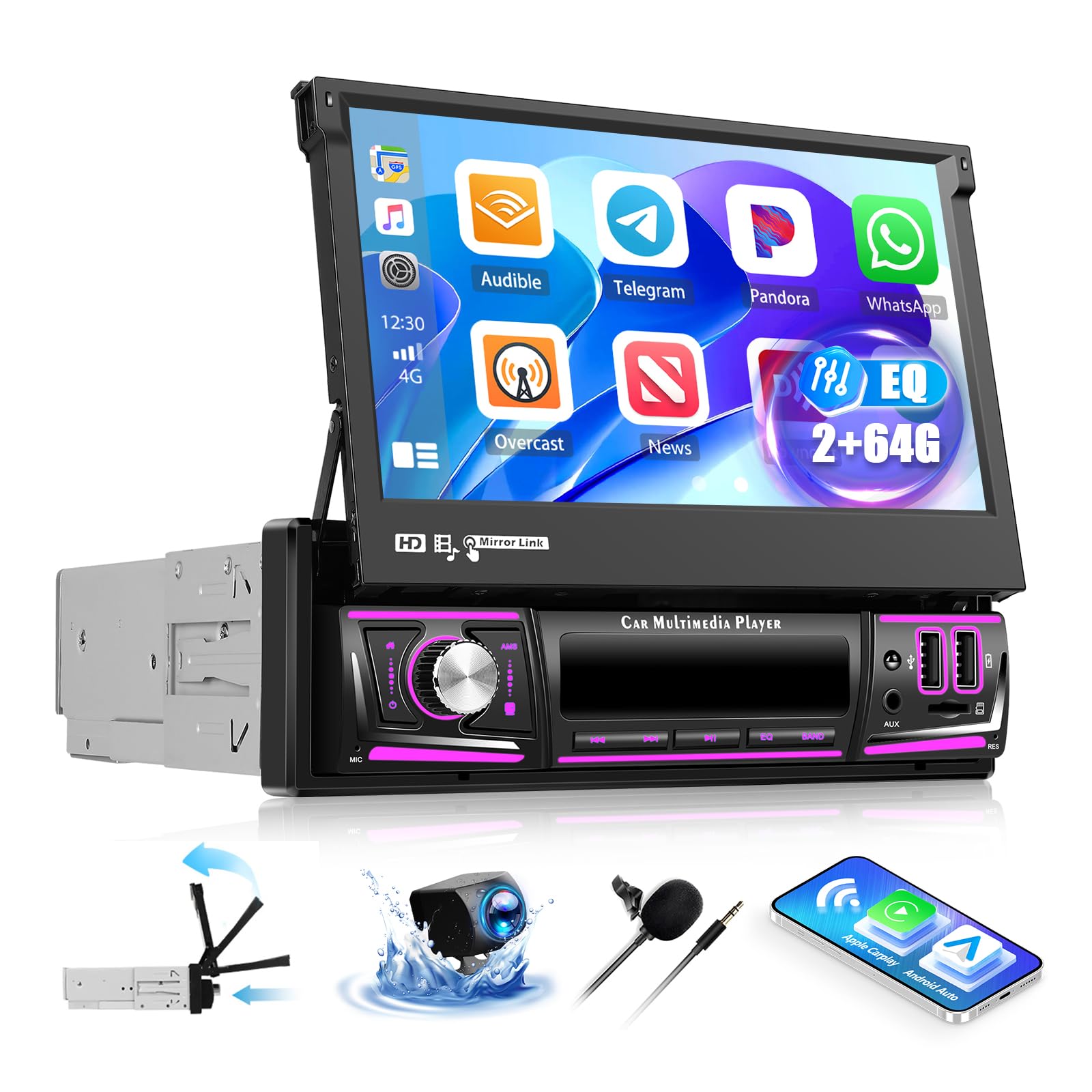 OiLiehu 2+64GB Android 13 1 DIN CarPlay inalámbrico Android Auto Pantalla IPS 7" Pantalla Emergente Manual con GPS WiFi Bluetooth Mirror Link FM/RDS SWC EQ AUX Puerto TF Camara Marcha Atras