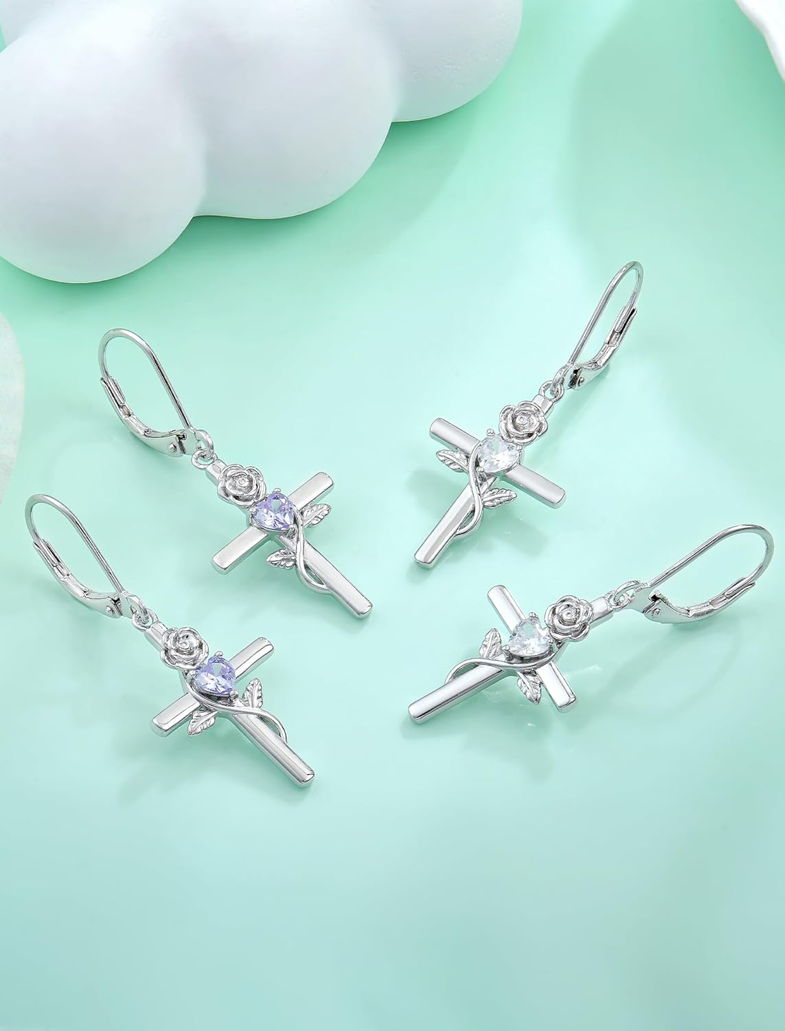 Sterling Silver Cross Earrings Rose Flower Dangle Earring Faith Religious Birthstone Jewelry for Women - Image 5