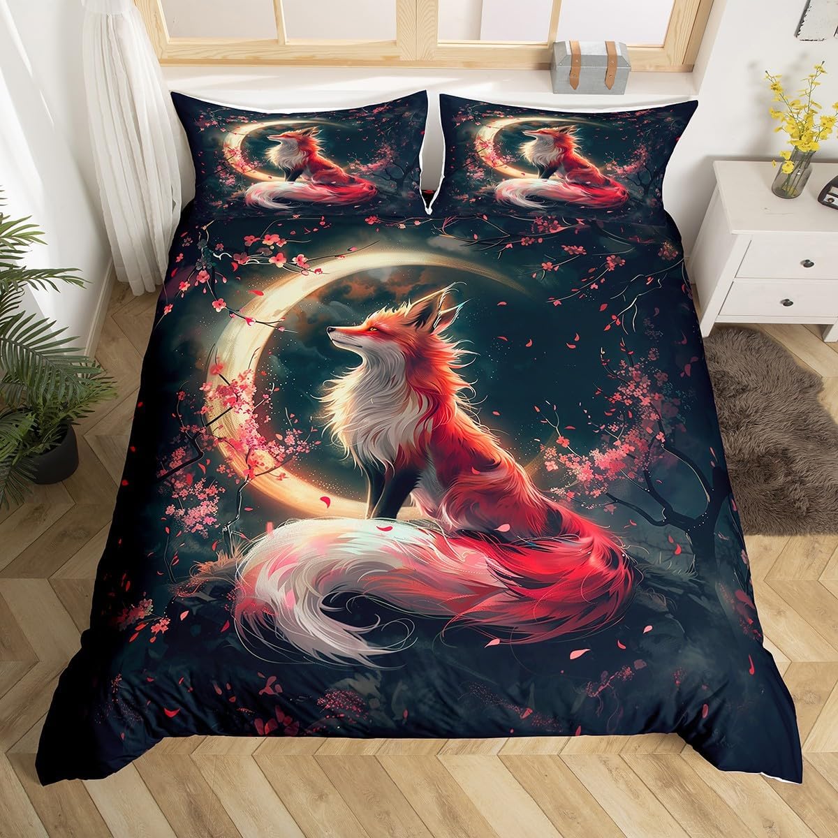 Manfei Fox Duvet Cover Set Toddler,Rustic Jungle Plants Sketch Style Comforter Cover 2pcs for Boys Teens Youth,Wild Aniamls Bedding Set 1 Pillowcase(No Comforter),Farmhouse Style Bedding Quilt Cover