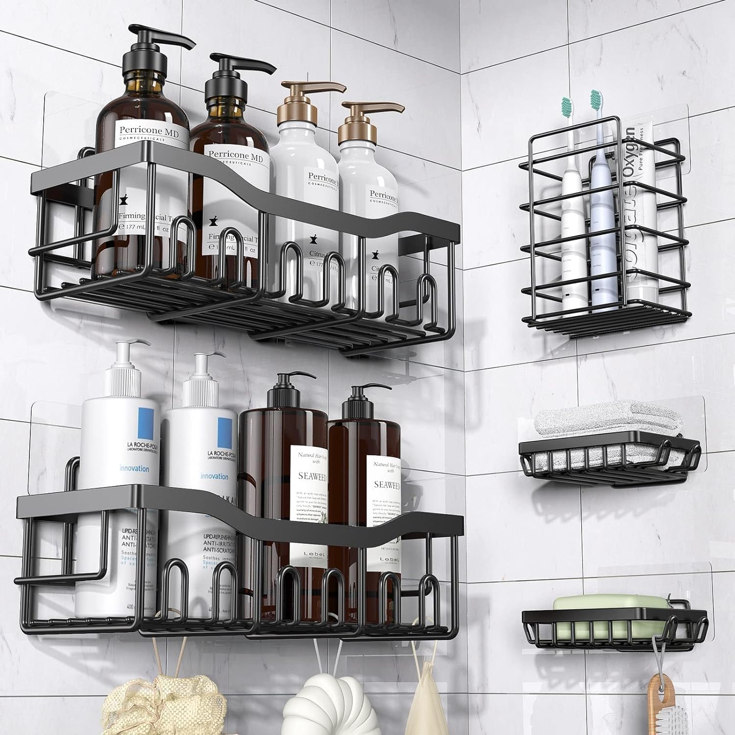 iSTAR 5 Pcs Wall Mounted Self Adhesive Bathroom Shelf Set with Toothbrush Holder & Hooks | Rust-Proof Shower Caddy |Multipurpose Storage Rack for Toiletries, Kitchen & Living Room Organizer (Set of 5)-image-41