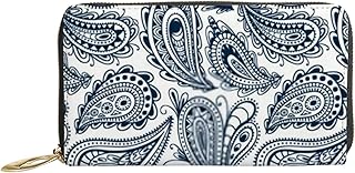 Carteiras femininas de couro genuíno Doodle Paisley com motivos tribais porta-cartão de crédito com zíper organizador de embreagem de couro feminino bolsa longa de viagem, Doodle Paisley Tribal Motifs, 7x4.3x0.8 Inches