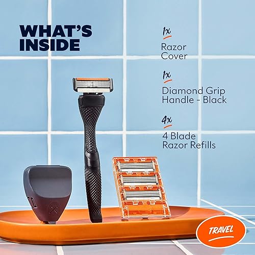 Vista 2 de Dollar Shave Club Juego de afeitado de viaje 4 cartuchos de repuesto de enjuague rápido, 1 mango, 1 cubierta de afeitar Negro
