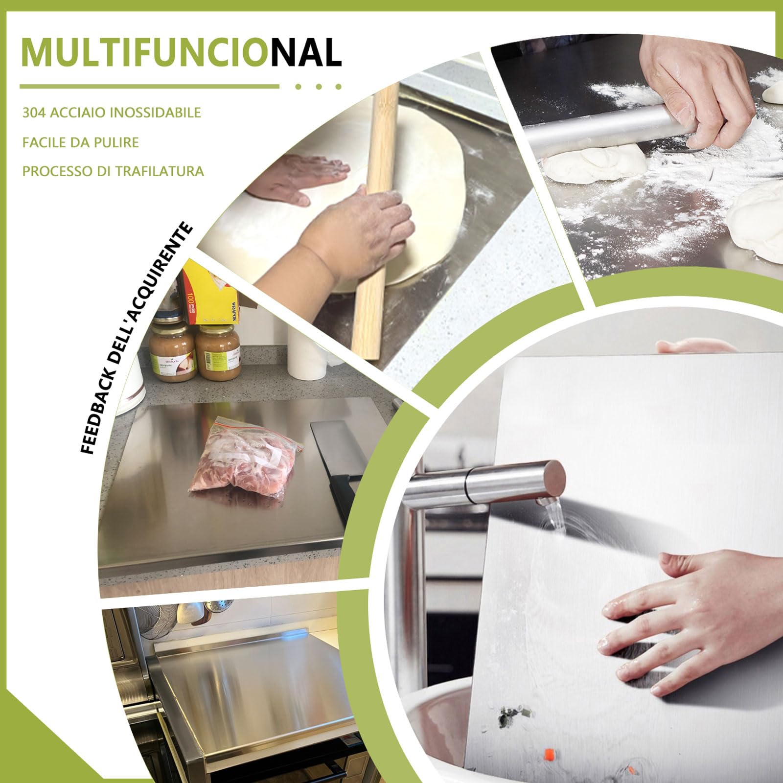 Tabla de Cortar de Acero Inoxidable 304 - Placa de Amasado de Acero Inoxidable para amasar Pizzas, Pan y Pasteles, Doble Cara - con Labios(Size:40 * 70cm)