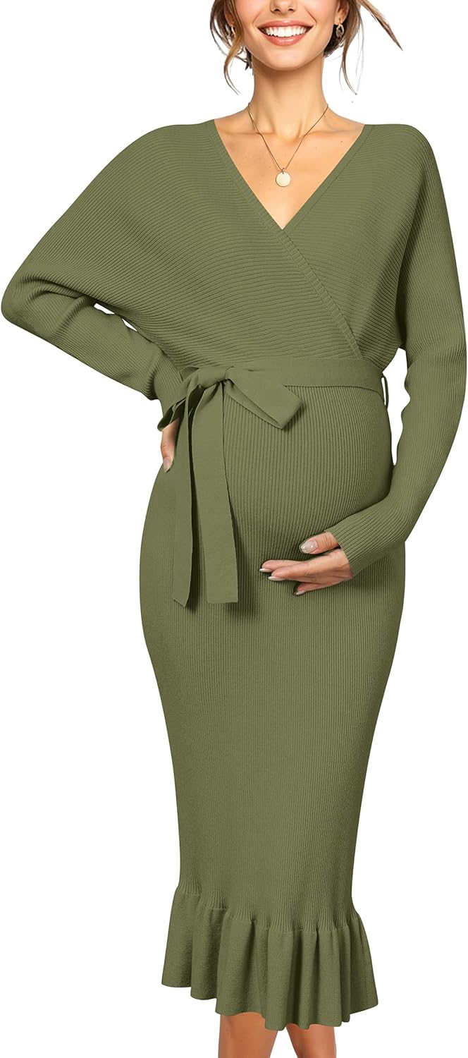 OUGES 2025 Maternity Sweater Nursing Dress for Photoshoot Baby Shower Wedding Guest Outfits Fishtail Ribbed Knit Clothes