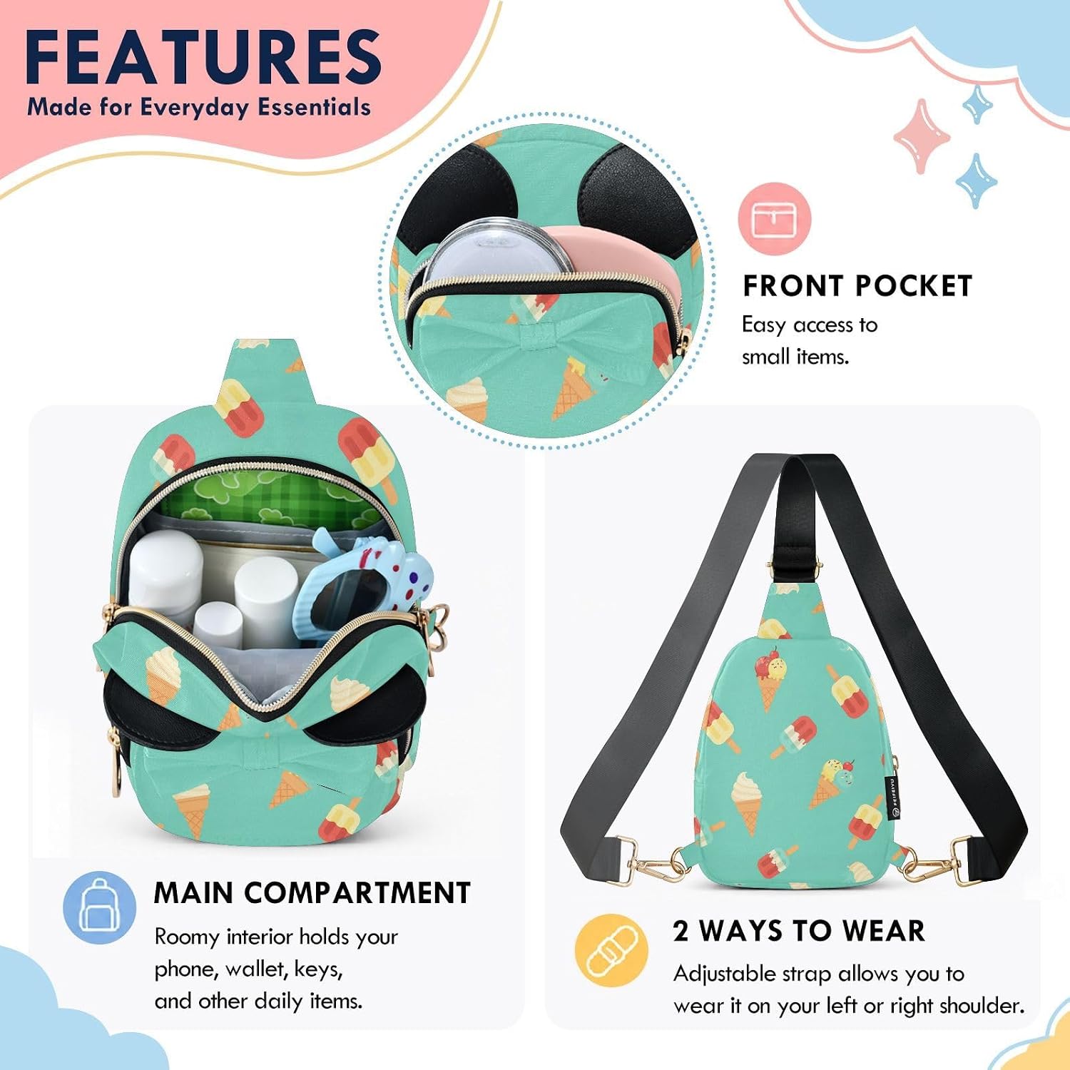 Ice Cream Kids Crossbody Bags for Girls, 7.5x5.7x3.1 In | Crossbody Fanny Pack, Toddler Purse, Cute Sling Belt Bag with Ears, 2L Small Shoulder Chest Bag for Travel