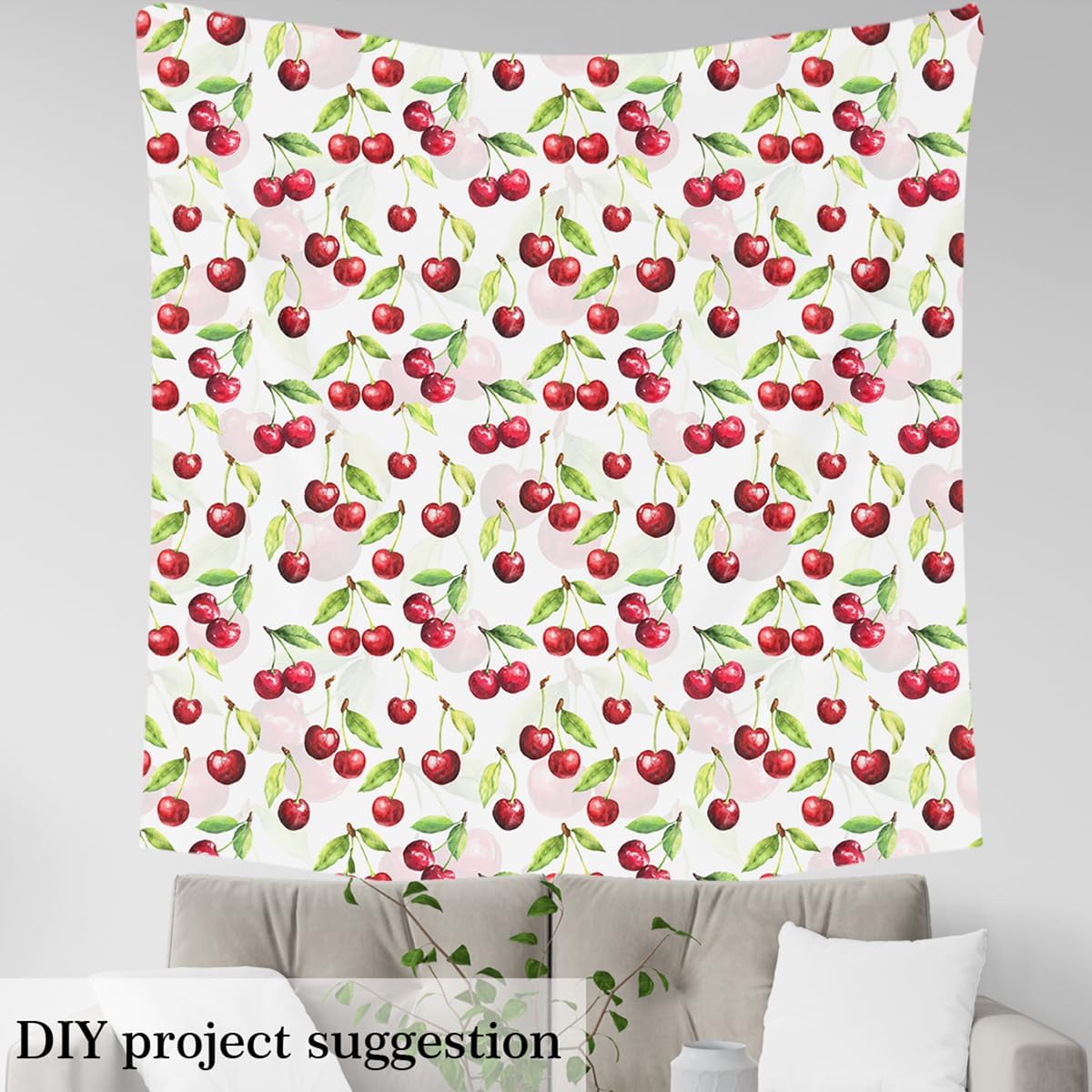 Cherry Upholstery Fabric, Summer Red Fruit Fabric by The Yard, Vintage Print Green Leaf Decorative Fabric, Upholstery and Home Accents for Quilting Sewing, DIY Art Waterproof Fabric, 3 Yards