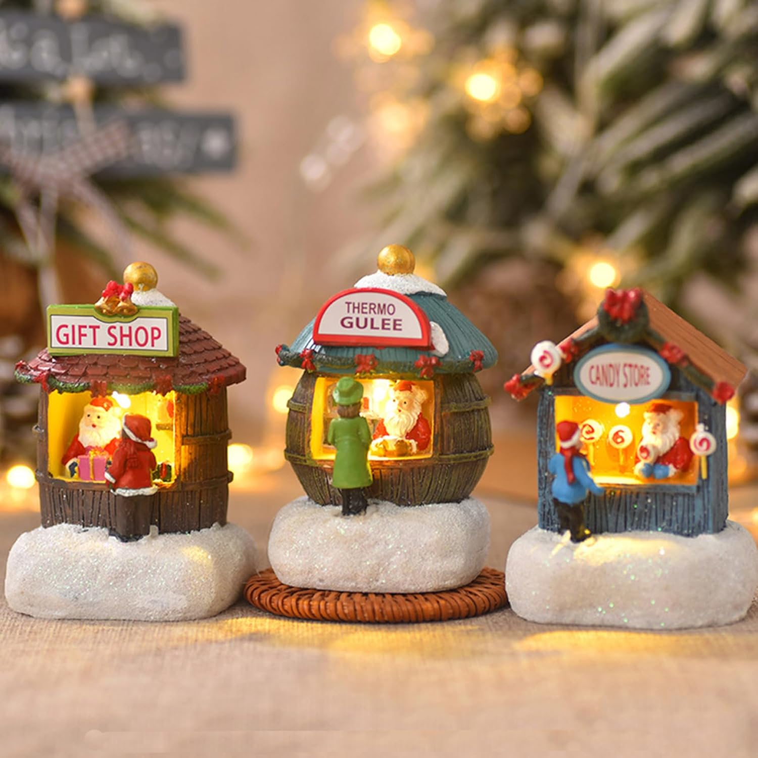 3Pcs Christmas Village Sets Christmas Village House Includes Thermo Glueeb, Candy Store, Shop, Resin Led Light Up House for Indoor Home Table Display