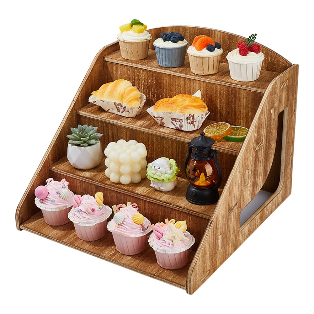 SUPERFINDINGS Présentoir à Gâteau en Bois Présentoir en Bois à 4 Niveaux pour Vente au Détail Organisateur de Parfums Support à Cupcakes Vitrine à Desserts pour Artisanat Facile à Installer et Clair