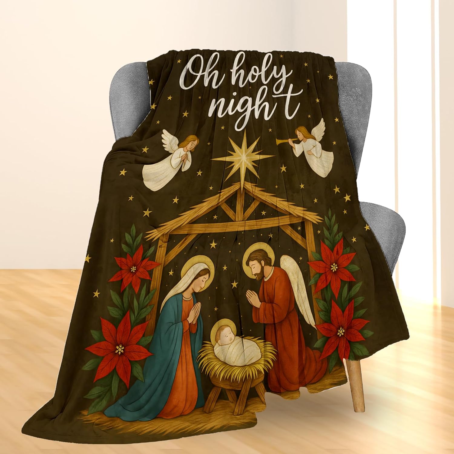 Christmas Nativity Blanket, Soft Lightweight Flannel Holy Night Throw Blanket for Couch, Bed, Travel & Holiday Religious Decor Gifts, Cozy Warm Fuzzy Blankets for Adults Women Men 50×40 in