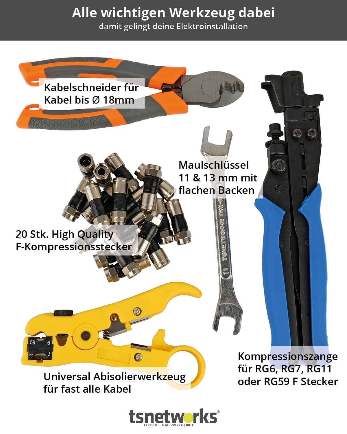 Elektriker Werkzeug Set mit F Stecker, Kompressionszange, Maulschlüssel flach 11-13, Kabelschneider & Abisolierwerkzeug in hochwertiger Tasche mit Platz für weiteres Elektriker Werkzeug